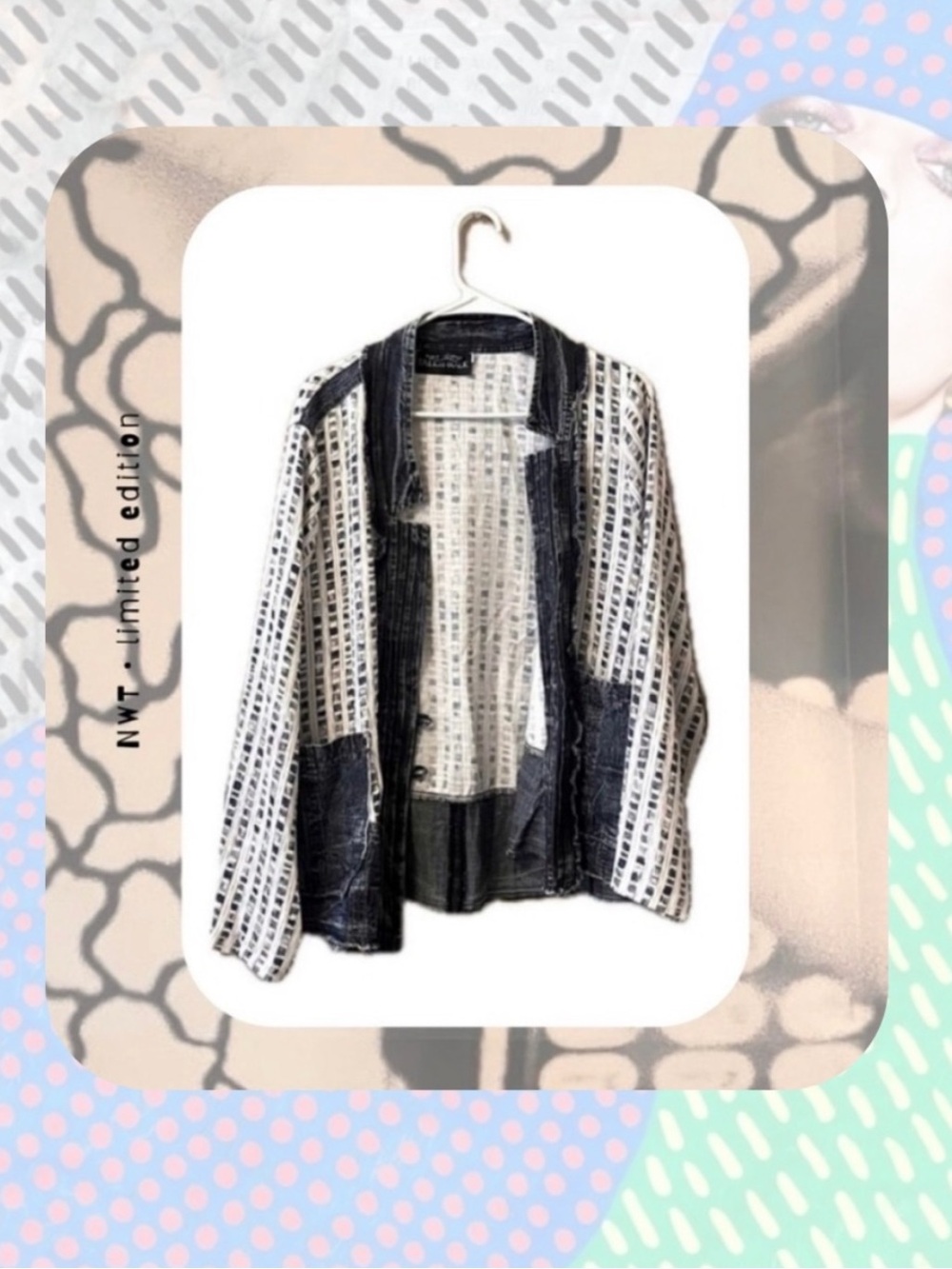 NWTπ white denim patchwork abstract square open jacket kimono
